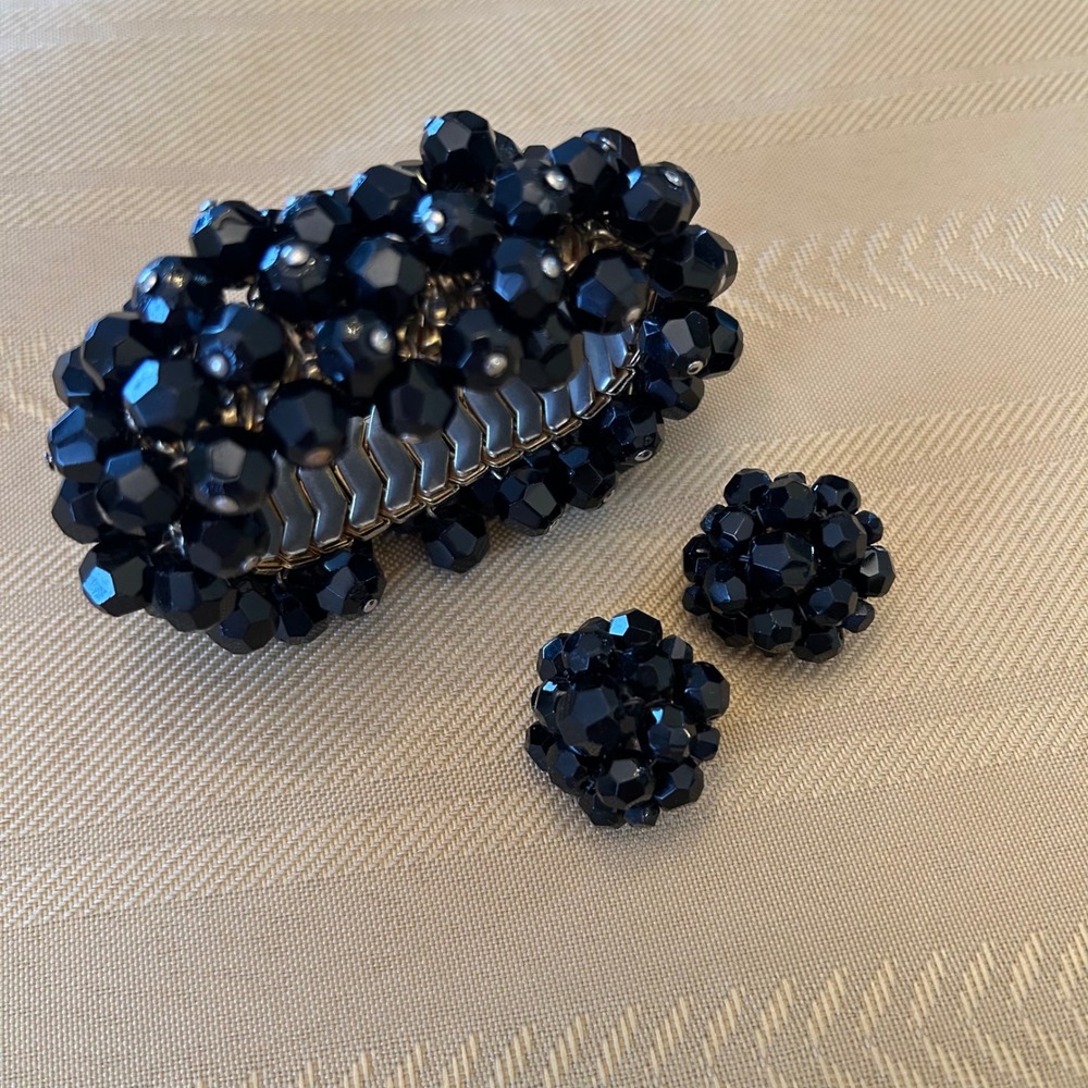 Vintage Cha‎ Cha Bracelet & Earrings Set Black Beaded Designer Jonne by Schrager